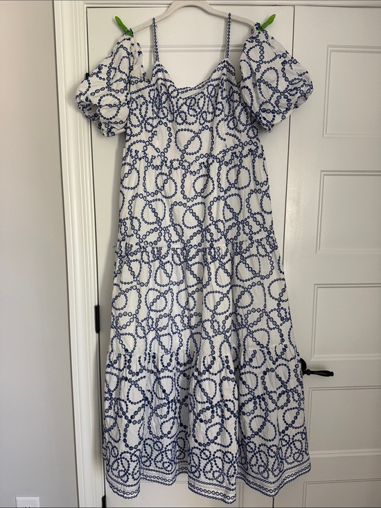 Anthropologie Dresses & Skirts - Anthropologie White Maxi Dress with Blue embroidered eyelet design.